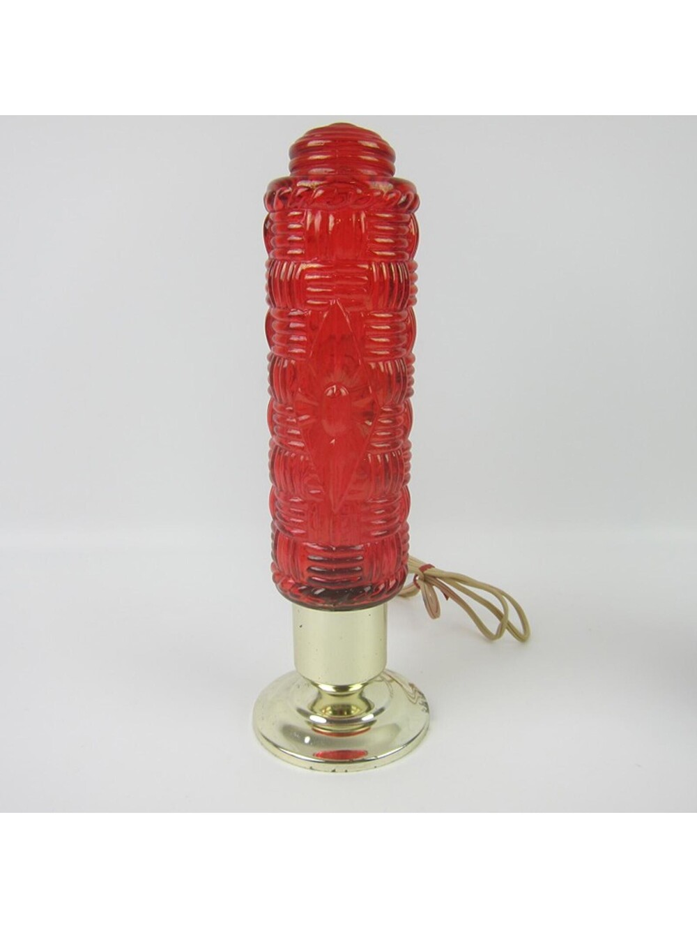 Vintage Torpedo Lamp Red Glass Basket Weave & Diamond Gold Base Art Deco WORKING